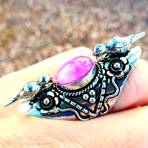 New Pink Rainbow Moonstone 925 Silver Birds Statement Ring. - Picture 2 of 16